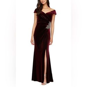 Alex Evenings Off-the-Shoulder Fit & Flare Velvet Gown with Sweetheart Neckline